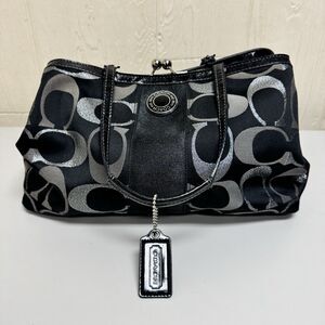 Coach Signature C Stripe Shoulder Bag Purse Grey Silver Black Carryall
